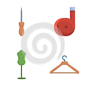 Sewing equipment icons set cartoon vector. Mannequin awl tape measure and hanger