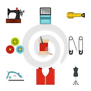 Sewing equipment icons set, flat style