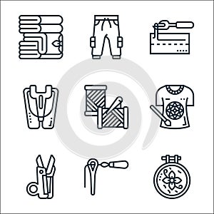 sewing equipment line icons. linear set. quality vector line set such as embroidery, needle, sewing scissors, tshirt, needle,
