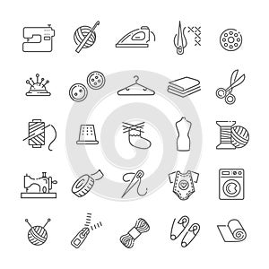 Sewing equipment and needlework icons set