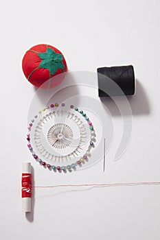 Sewing equipment with pin cushion and needle and red thread