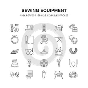 Sewing equipment, tailor supplies flat line icons set. Needlework accessories - sewing embroidery machine, pin, needle