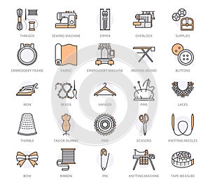 Sewing equipment, tailor supplies flat line icons set. Needlework accessories - sewing embroidery machine, pin, needle