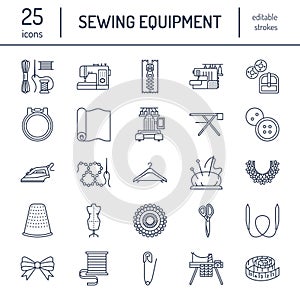 Sewing equipment, tailor supplies flat line icons set. Needlework accessories - sewing embroidery machine, pin, needle