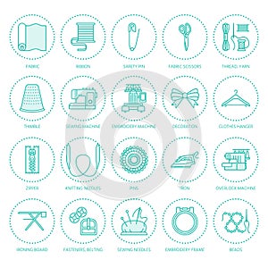 Sewing equipment, tailor supplies flat line icons set. Needlework accessories - sewing embroidery machine, pin, needle