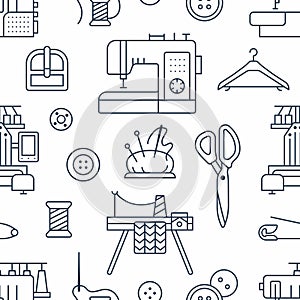 Sewing equipment, tailor supplies seamless pattern with flat line icons set. Needlework accessories - sewing embroidery