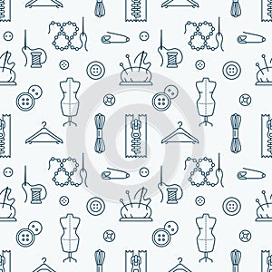 Sewing equipment, tailor supplies seamless pattern with flat line icons set. Needlework accessories - sewing needle