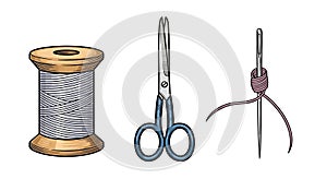 Sewing Essentials: Thread Spool, Scissors, and Threaded Needle Illustration