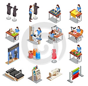 Sewing Factory Isometric Icons Set