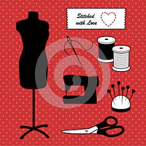 Sewing Fashion Mannequin, Stitched with Love, Do It Yourself Accessories, Red Polka Dot Background