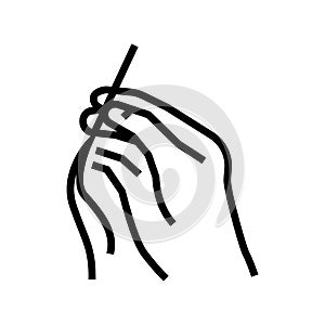 sewing hand holding needle with thread line icon vector illustration