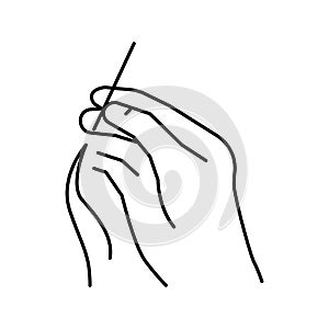 sewing hand holding needle with thread line icon vector illustration