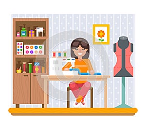 Sewing Hobby Work at Home Craft Flat Design Vector Illustration