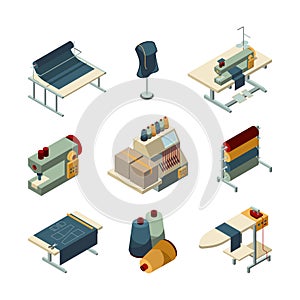 Sewing isometric. Garment embroidery production textile manufacturing vector pictures set