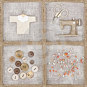 Sewing items on brown background