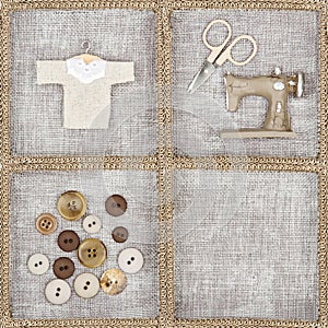 Sewing items on rustic linen background