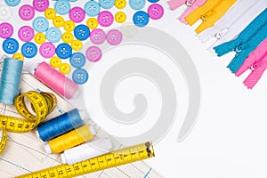 Sewing kit and accessories for sewing and needlework on a white background