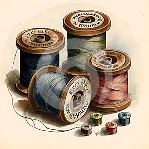 sewing kit, antique spools of thread, watercolor illustration,