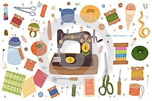Sewing Kit collection. Needlework concept. Various sewing tools.