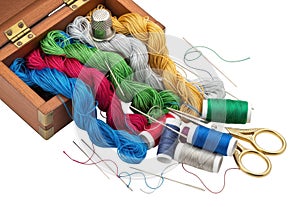 Of sewing kit on featuring colorful threads and tools