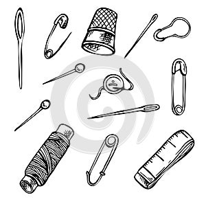 Sewing kit. Sketch hand drawn sewing tools.