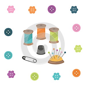 Sewing kit. Thread, thimble, needle, pin, button.