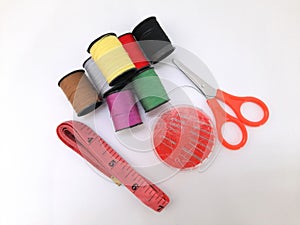 Sewing kit tools on white background