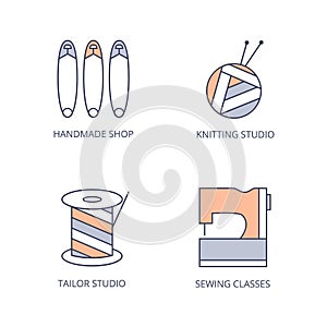 Sewing, knitting icons. Skein of yarn and knitting needles, spool of thread, safety pins, sewing machine. Vector color line logo