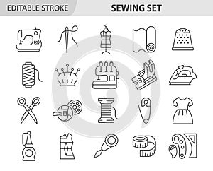 Sewing line icon set. Vector collection with sewing machine, needle, textile, scissors, mannequin, pin, clothes, spool of thread,