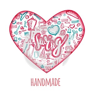 Sewing love doodle illustration in shape of heart. Handicrafted logo with needle, sewing machine, sewing pin, yarn.