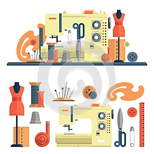 Sewing machine, accessories for dressmaking and handmade fashion. Vector set of flat icons, isolated design elements