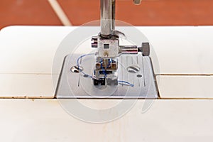 Sewing machine, closeup needle and presser foot with holder