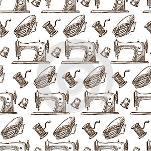 Sewing machine, cloth and thread monochrome seamless pattern