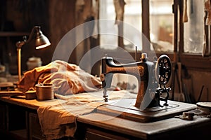 Sewing machine with fabric on table with light lamp. Generate Ai
