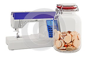 Sewing machine with glass jar full of golden coins, 3D rendering