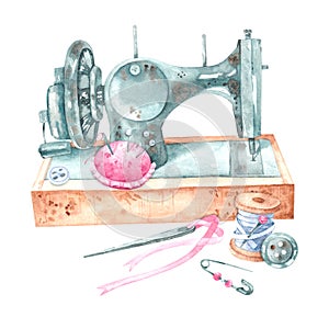 Sewing machine with needle bar, spool, thread
