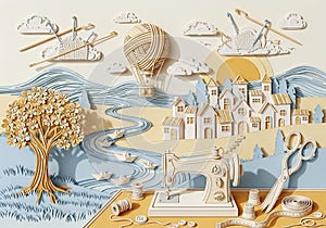 A sewing machine, scissors, thread, and other craft tools are