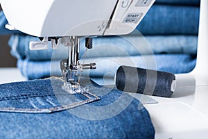 Sewing Machine Sew Jeans Fabric.