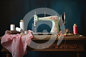 sewing machine with tailors chalk and pins