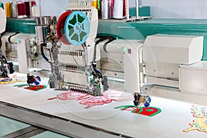 Sewing machine on textile fabric, nobody