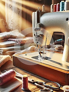 Sewing machine with thread and scissors in sewing workshop on a sunny day