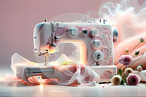 sewing machine and translucent fabric with flowers