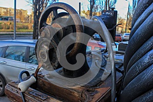 Sewing machine view from the side , old metal and classic