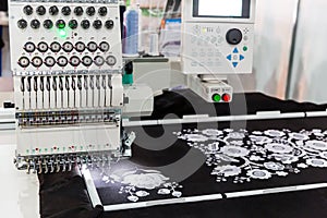 Sewing machine in work, textile fabric, nobody