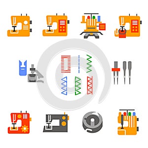 Sewing machines and accessories icons in glyph style