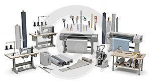 Sewing Machines and Fabric Rolls on White Background for Tailoring or Textile Production with Scissors and Tools