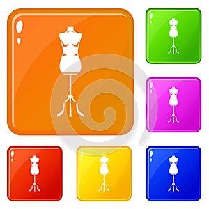 Sewing mannequin icons set vector color