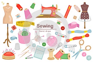 Sewing mega set in flat design. Bundle elements of mannequin, thread spools, sew machine, fastener, measuring tape, pins, scissors