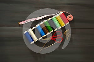 Sewing needle and colored spool yarns, multicolored spool yarns, sewing and sewing needles, scissors and scissors, tailoring mater