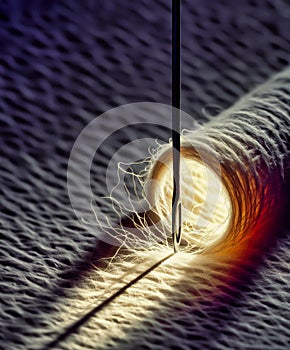 sewing needle on fabric, tube with light showing the way